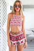 Sexy Boho Cherry Red Pattern Two-piece Shorts Set
